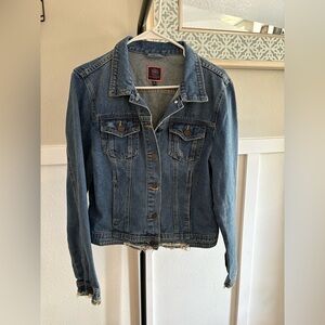 Boom Boom Jeans Women’s Denim Jacket Size L Frayed Hem Distressed Medium